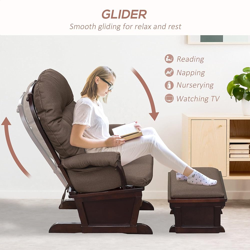 HOMCOM Nursery Glider Rocking Chair with Ottoman, Thick Padded Cushion Seating and Wood Base, Brown : Baby