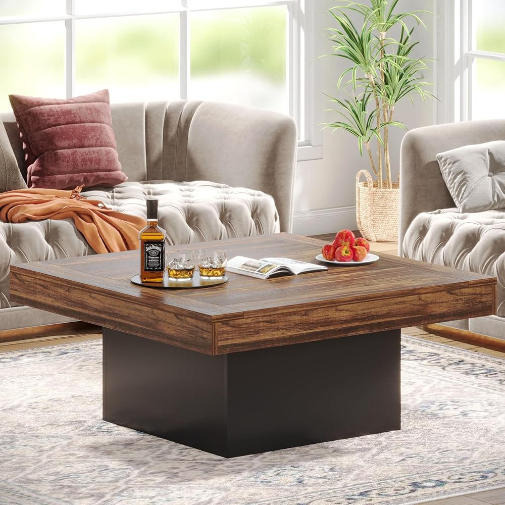 Tribesigns Farmhouse Coffee Table Square LED Engineered Wood Low Coffee Table for Living Room Rustic Brown & Black : Home & Kitchen