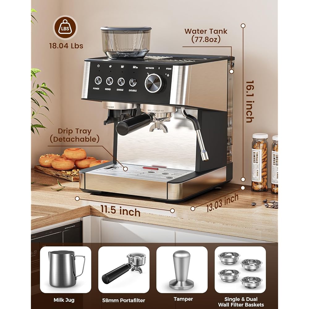 Espresso Machine with Grinder, 20 Bar Expresso Coffee Machines with Milk Frother Steam Wand, Professional Espresso Maker with Removable Water Tank, Cappuccino & Latte Machine for Home