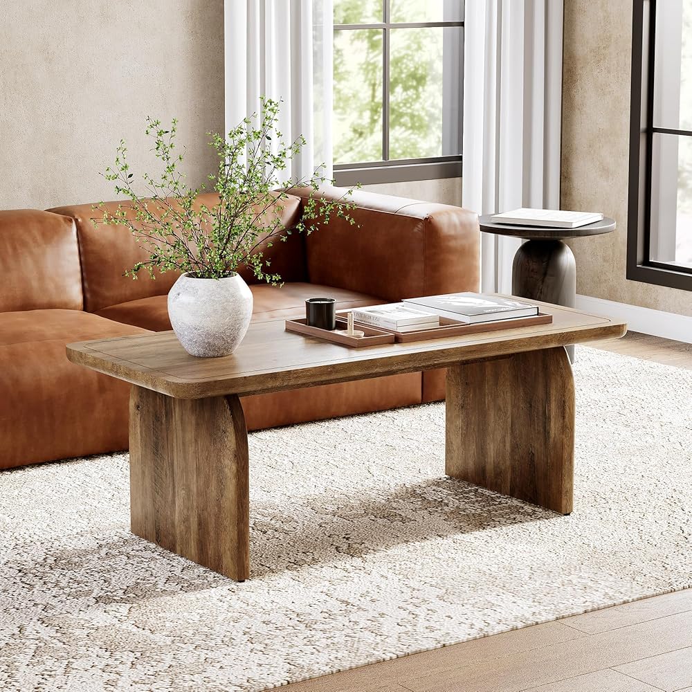 LITTLE TREE Farmhouse Coffee Table, 47 Inches Wooden Center Tables with Rounded Corners, Rectangular Living Room Tables, Modern Low Cocktail Tea Furniture for Living Room (Rustic Brown) : Home & Kitchen