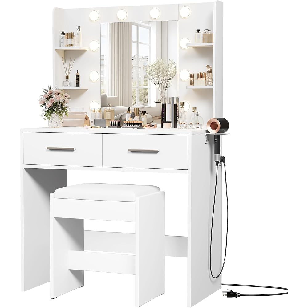Furmax Make up Vanity Desk with Mirror and Power Outlet, Vanity with 3 Color Light Options Adjustable Brightness,Vanity Desk with 2 Drawers, 6 Storage Shelves (White, with Bench) : Home & Kitchen
