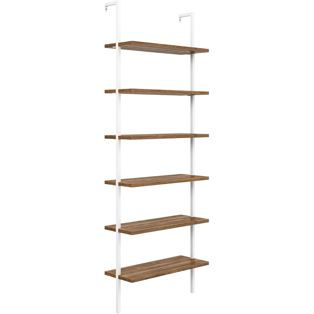 Nathan James Theo 6-Shelf Tall Bookcase, Wall Mount Bookshelf with Natural Wood Finish and Industrial Metal Frame, Rustic Oak/White : Home & Kitchen