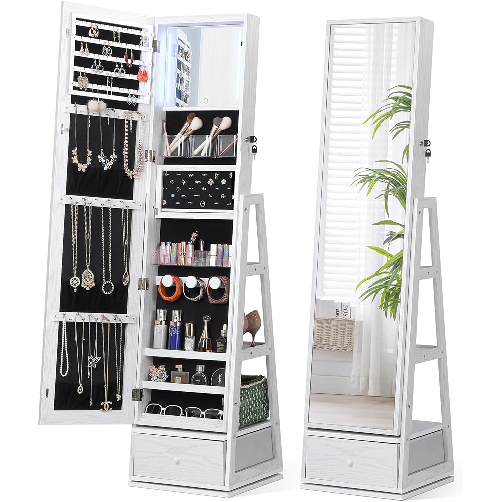 Nicetree 360° Swivel Jewelry Cabinet with Lights, Touch Screen Vanity Mirror, Rotatable Full Length Mirror with Jewelry Storage, Standing Jewelry Armoire Organizer, Foldable Makeup Shelf, White : Clothing, Shoes & Jewelry