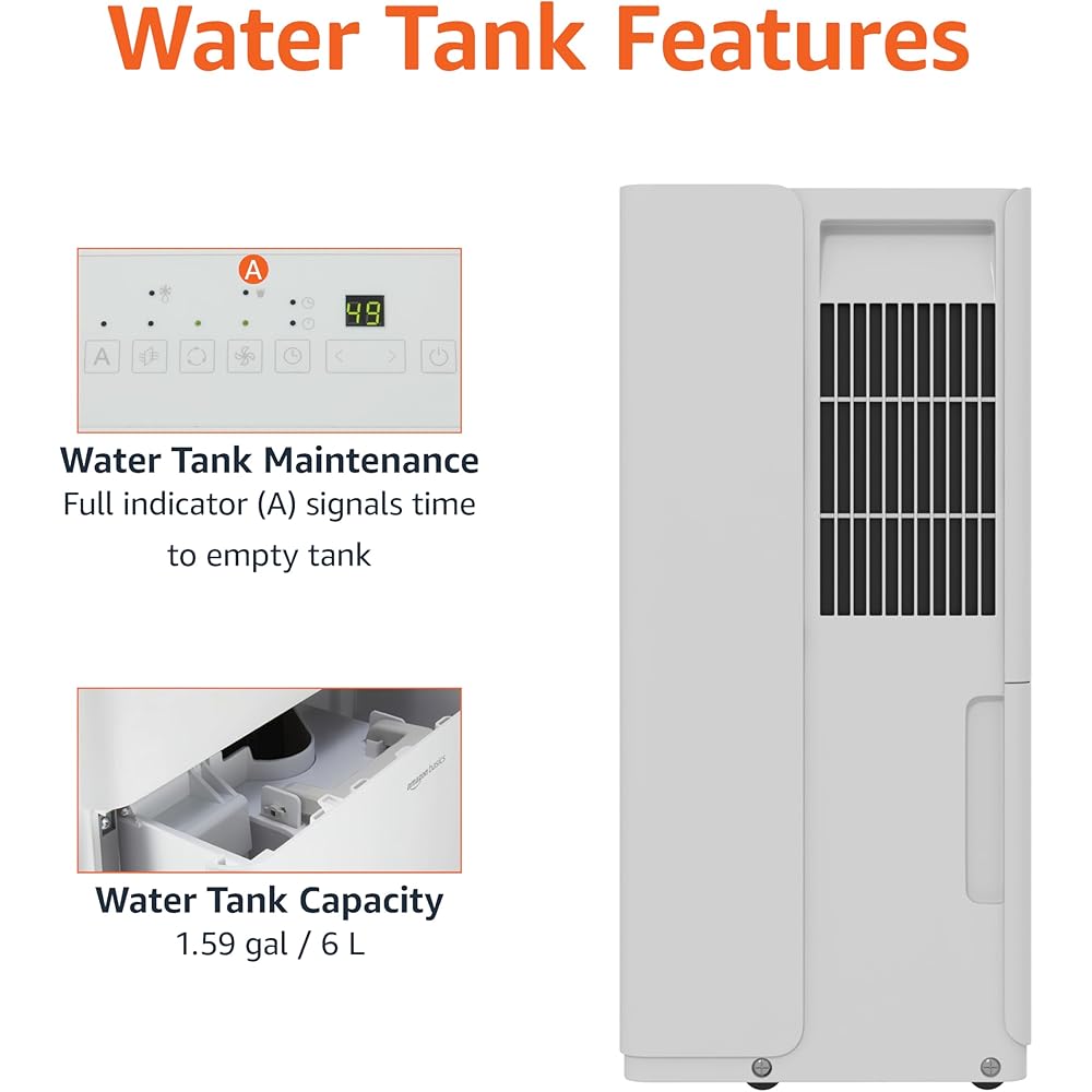 - Amazon Basics Large Dehumidifier for Rooms, Energy Star Certified, Effectively Reduces Humidity, With Continuous Drain Pump, Timer, Auto-Defrost, Overflow Protection, up to 4000 SFT, 50 Pint, White