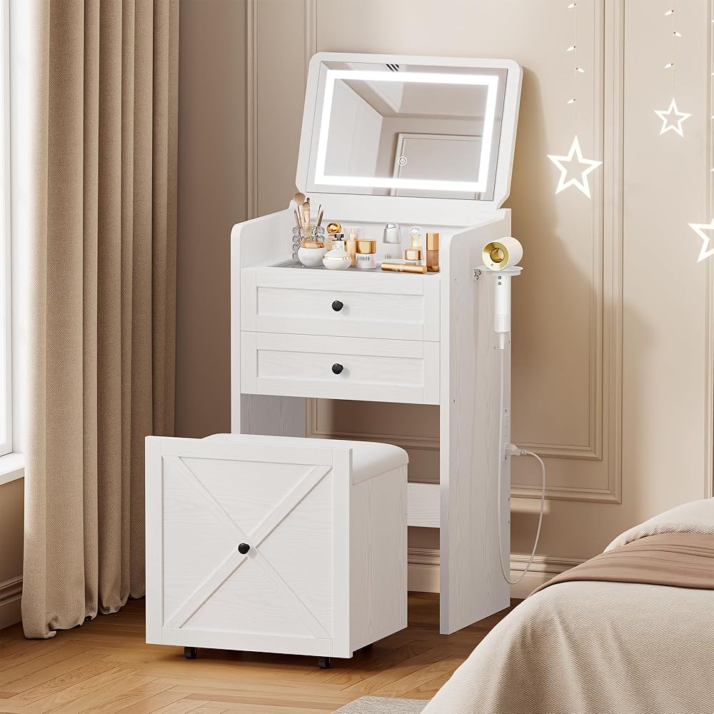 IRONCK 3 in 1 Vanity Desk, Small Makeup Vanity Desk with Mirror and Lights, Compact Vanity with Power Outlets and Drawer, Cushioned Stool with Wheels and Storage, Small Vanities for Bedroom, White : Home & Kitchen