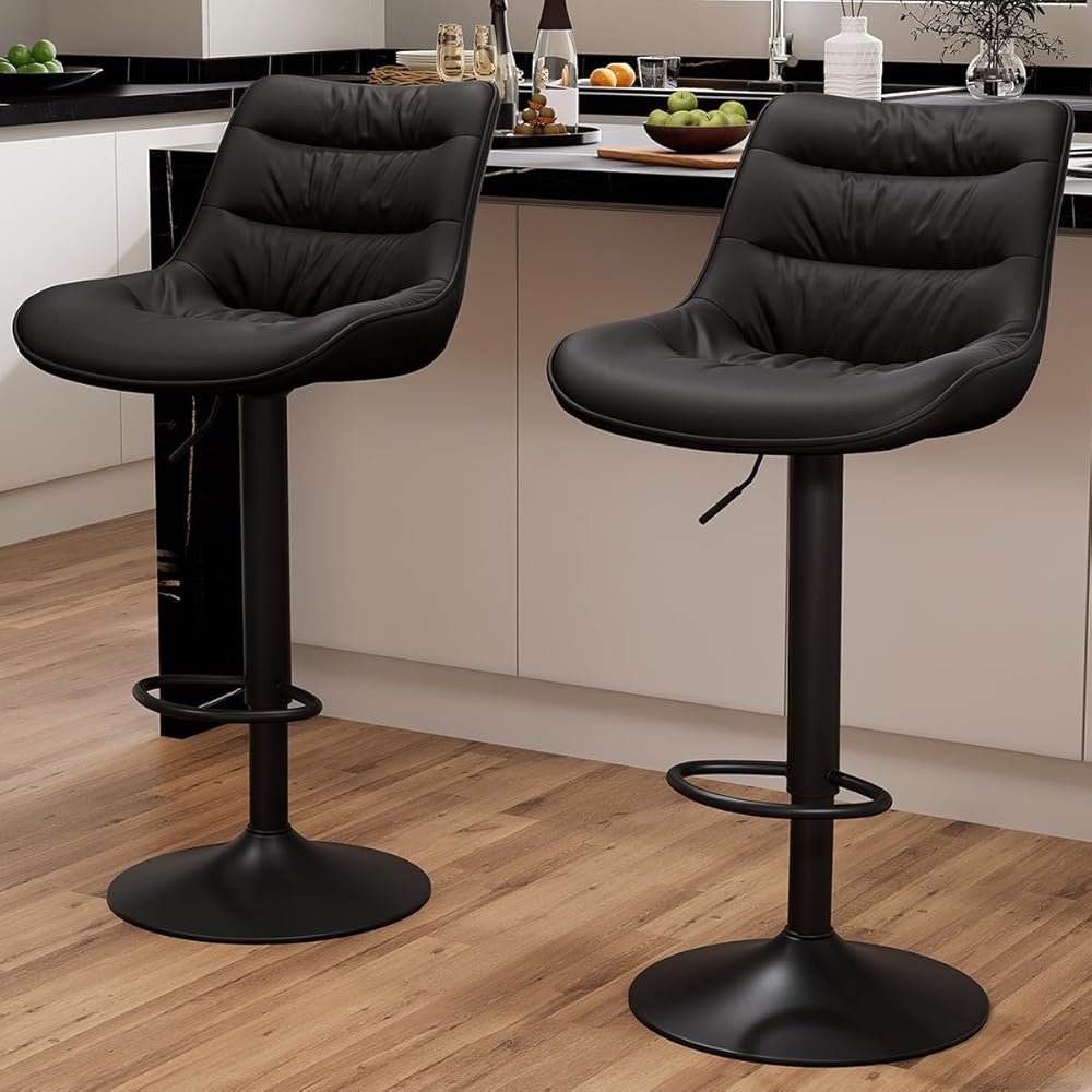 Kidol & Shellder Bar Stools Set of 2, Swivel Adjustable Counter Height Stools with Back, PU Leather Upholstered Modern Bar Chairs for Kitchen Island (Black) : Home & Kitchen