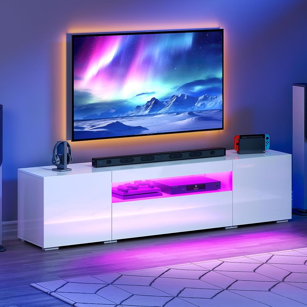 YITAHOME TV Stand for 75 Inch TV, Modern LED TV Stands for Living Room, White Entertainment Center with Storage, High Glossy Media Console Cabinet, White : Home & Kitchen