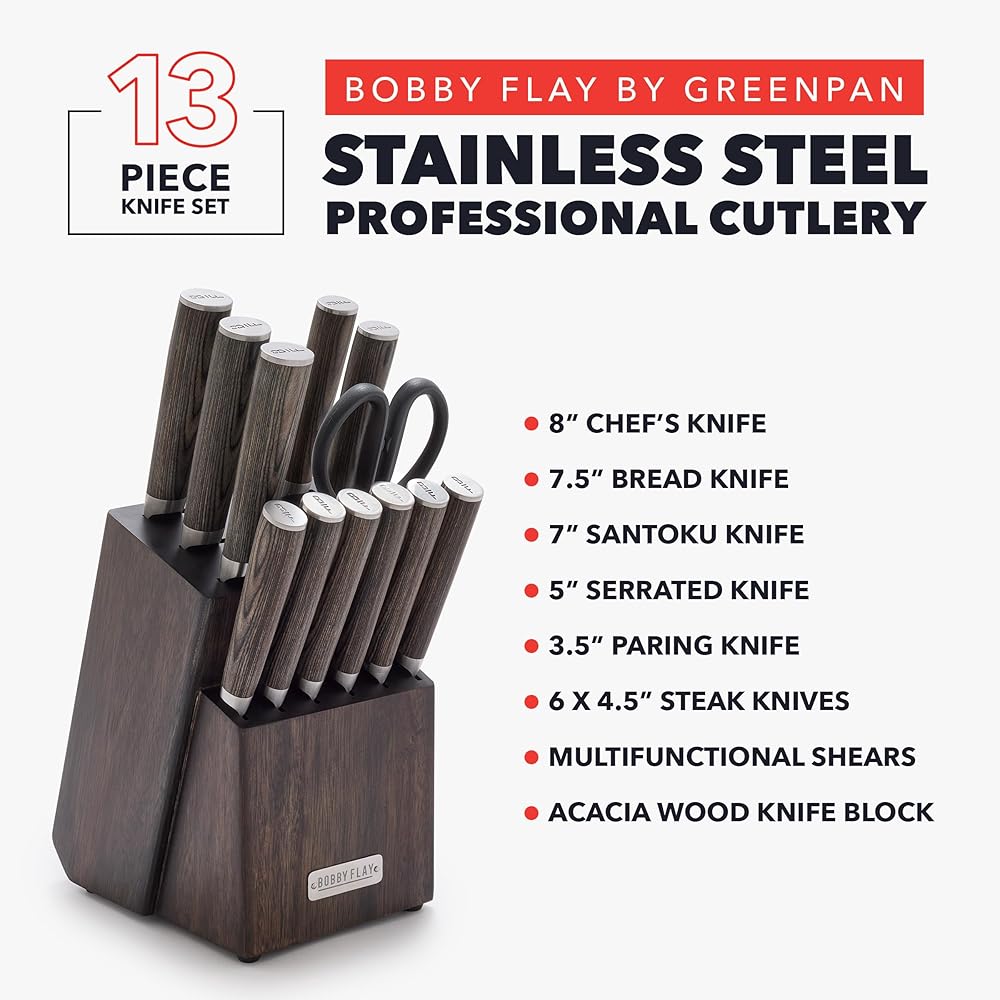 GreenPan x Bobby Flay 13 Piece Stainless Steel Cutlery Kitchen Knife Block Set, Premium Stainless Steel Blades, Acacia Wood Knife Block, Hand Finished Ergonomic Wood Handle, Damascus Steel Design: Home & Kitchen
