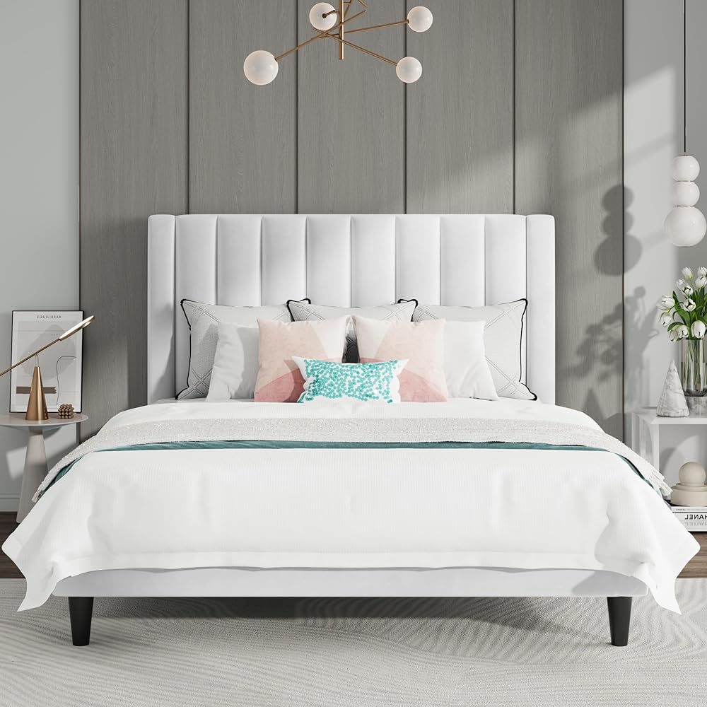 SHA CERLIN Full Bed Frame/Velvet Upholstered Platform Bed Frame with Headboard/Strong Wood Slats Support/Mattress Foundation/No Box Spring Needed/Easy Assembly/White : Home & Kitchen