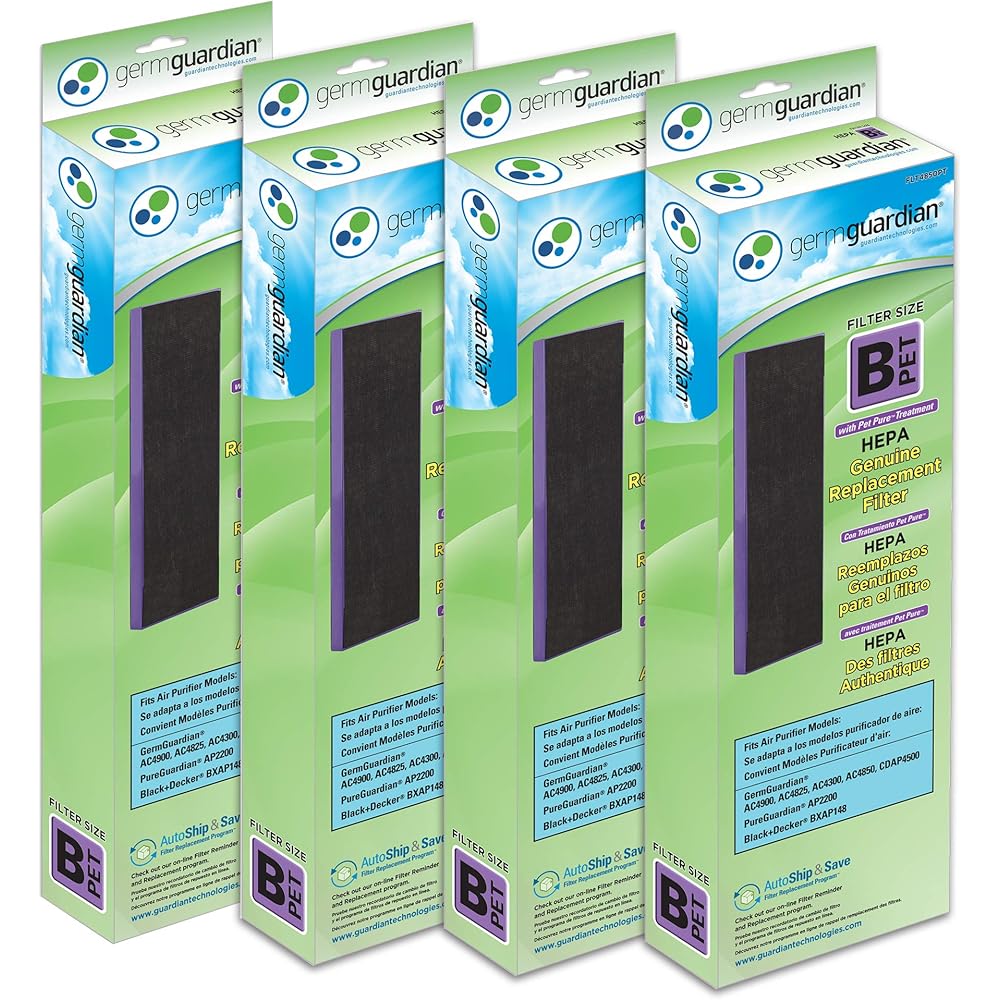 GermGuardian Pet Pure HEPA Genuine Replacement Filter B, Removes 99.97% of Pollutants for AC4825, AC4820, AC4850, AC4870, CDAP4500, AC4900, AC4300, AP2200, 4- Pack, Black/Purple, FLT4850PT4PK : Automotive