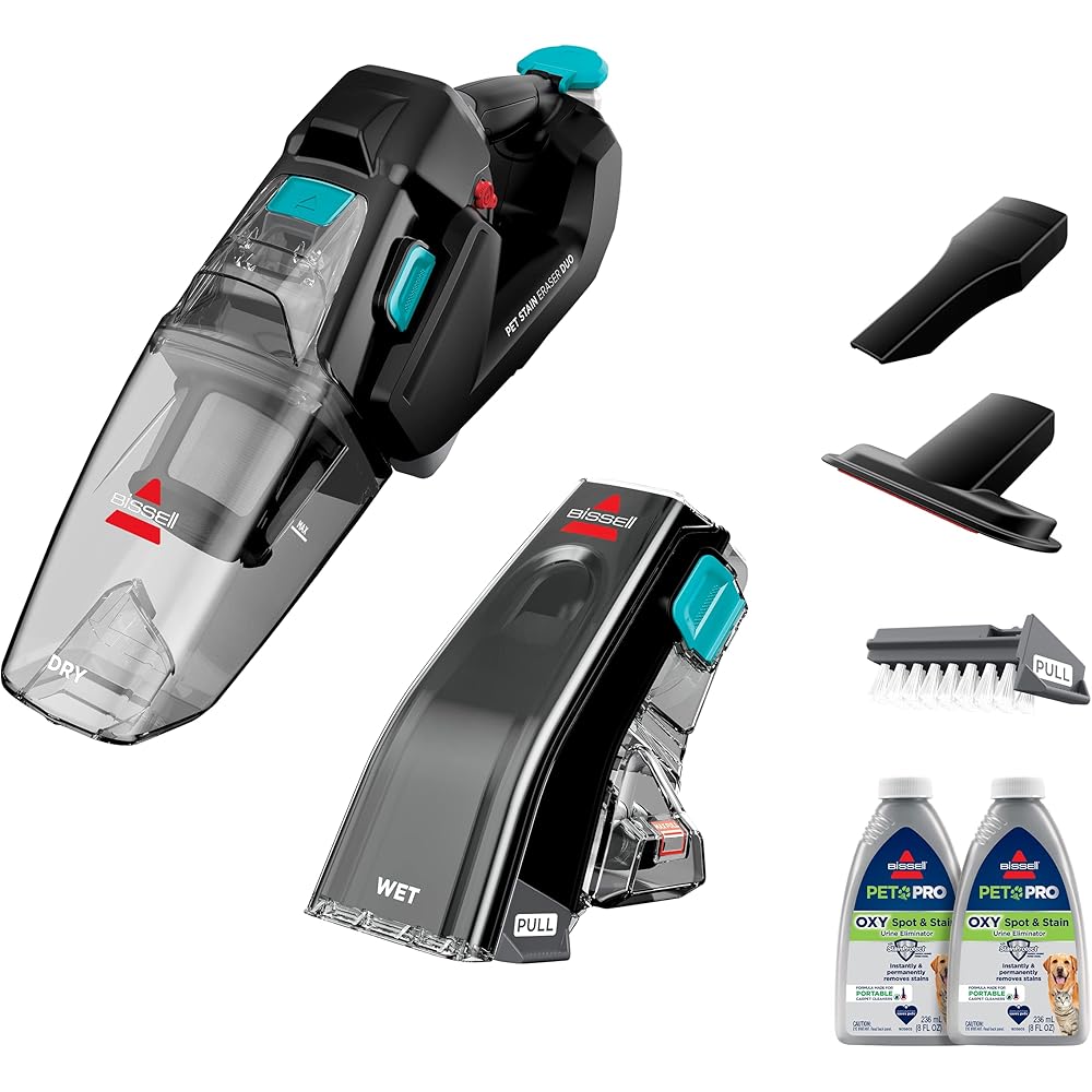 - BISSELL Stain Eraser Duo, 2-in-1 Cordless Portable Deep Cleaner and Hand Vacuum with PET PRO OXY Spot & Stain Formula, 3705, Black