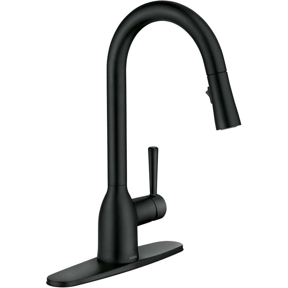 Moen Adler Matte Black One-Handle High Arc Kitchen Sink Faucet with Power Clean, Modern Kitchen Faucet with Pull Down Sprayer, 87233BL -