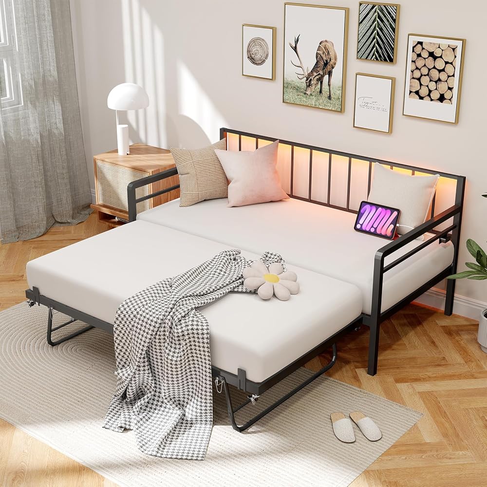 Zevemomo Twin Daybed with Pop Up Trundle, Metal Day Bed Frame with LED Lights and Charging Station, Day Bed with Trundle Bed Twin, Black Daybed for Living Room, Bedroom, Guest Room : Home & Kitchen
