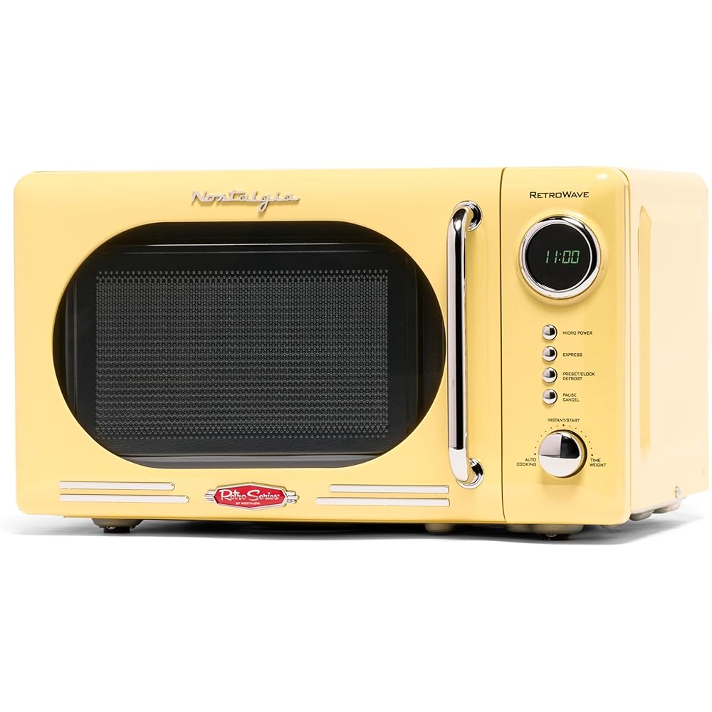 Nostalgia NRMO7YW6A Retro Compact Countertop Microwave Oven, 0.7 Cu. Ft. 700-Watts with LED Digital Display, Child Lock, Easy Clean Interior, Yellow