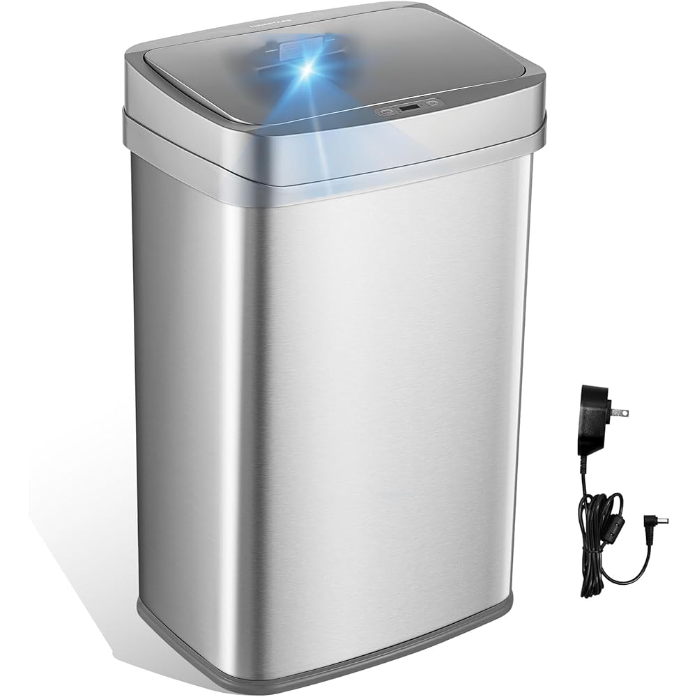 NINESTARS 13 Gallon Odor Neutralizing Smart Trash Can, UV + Ozone Dual Purification, Odor Control Motion Sensor Garbage Bin, Universal Power Adapter, ONT-50-81SL Stainless Steel, Silver, Nova Series : Home & Kitchen