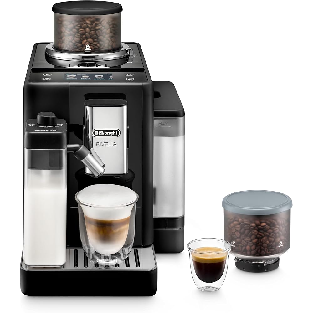 De'Longhi Rivelia Automatic Espresso Machine with Grinder & Milk Frother – All-in-One Coffee Maker, Hot & Iced Latte, Cappuccino, Bean Switch System, Burr Grinder, Compact Italian Design, Black: Home & Kitchen