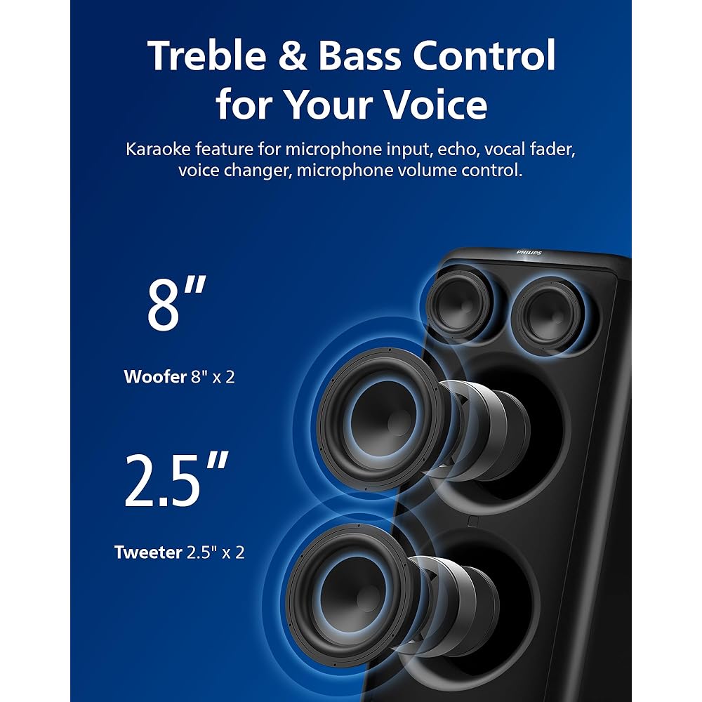 Philips X5206 bluetooth party speaker, portable with wheels, exciting light show, karaoke machine with microphone and Guitar Input, powerful bass & subwoofer, long playtime, perfect for outdoor events : Electronics