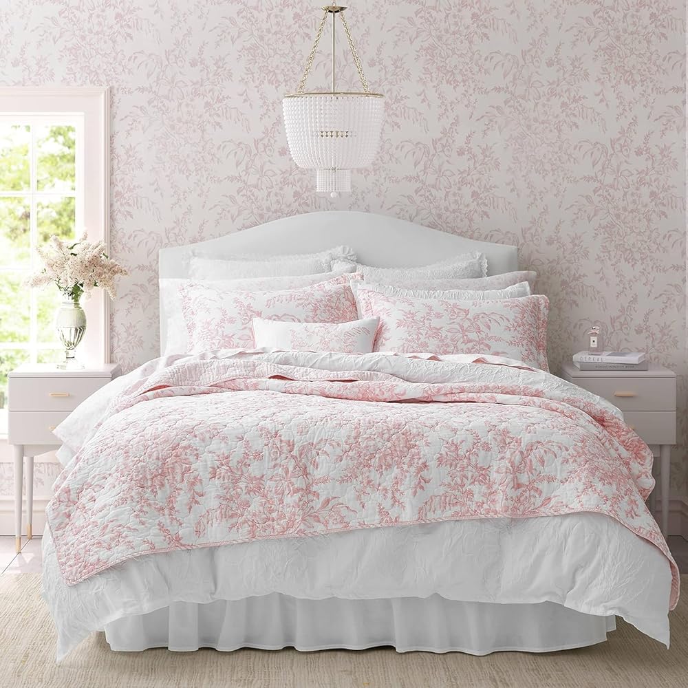 Laura Ashley - Queen Quilt Set, Reversible Cotton Bedding with Matching Shams, Lightweight for Year Round Use, Floral Print Bed Set, Coquette Room Decor (Bedford Pink)