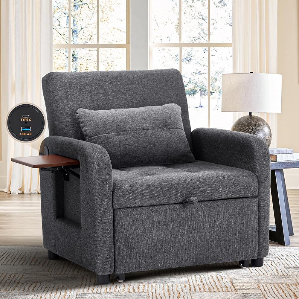 Convertible Sleeper Chair-Fabric Futon Sofa Bed, Single Sleeper Sofa, Small Couch Bed with USB Port, Foldable Table, Pillow, Adjustable Backrest for Dorm/Bedroom/College Darkgrey : Home & Kitchen