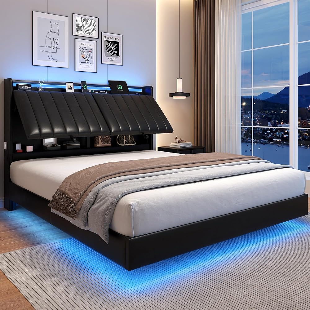 Jocoevol Queen Size Floating Bed Frame with Ergonomic Hidden Storage Headboard and LED Lights, Visual Floating LED Bed Frame with Charing Station, Leather Upholstered Platform Bed, Heavy Duty, Black : Home & Kitchen