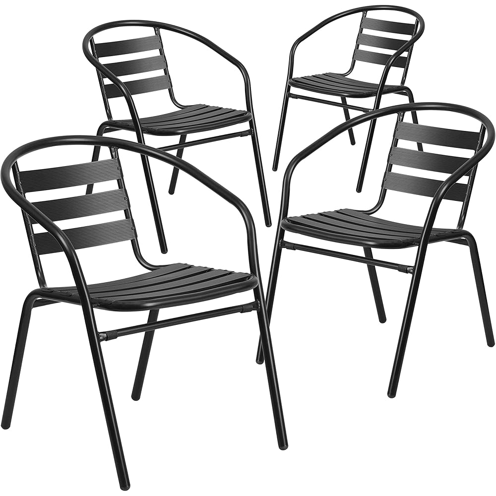 Flash Furniture Aluminum Slat Back Stacking Outdoor Restaurant Chairs, Modern Stackable Patio Chairs for Restaurants, Set of 4, Black : Office Products