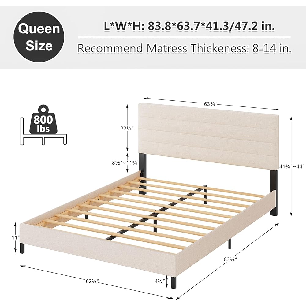 Furnihome Queen Bed Frame, Modern Upholstered Bed Frame with Adjustable Linen Headboard, Wooden Slats Support Platform Queen Size Bed Frames, No Box Spring Needed,Easy Assembly,Beige : Home & Kitchen