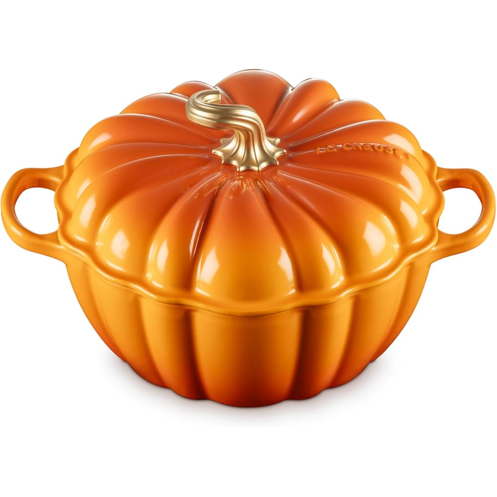 Le Creuset Enameled Cast Iron Figural Pumpkin Cocotte, 4 qt., Persimmon with Gold Figural Knob: Home & Kitchen