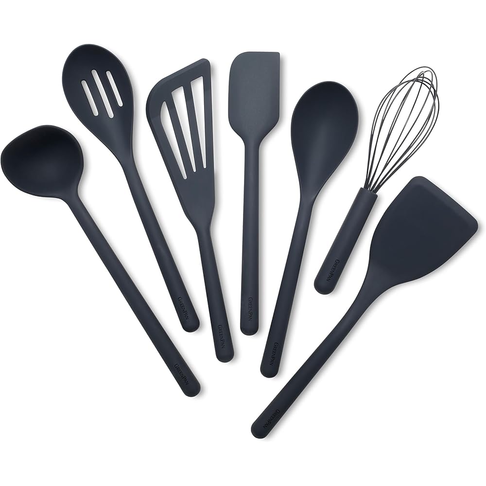 GreenPan Silicone 7 Piece Cooking Utensil Set, Ladle, Turners, Spatula, Spoons, Whisk, Flexible Nonstick Kitchen Tools Rigid Steel Core, Heat-Resistant, Anti-Slip Handle BPA-Free Dishwasher Safe, Gray: Home & Kitchen