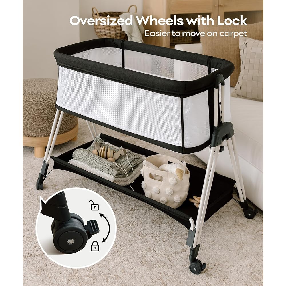 Fodoss Baby Bassinet Bedside Sleeper with Wheels and Storage Tray,4-Sided Mesh Bedside Bassinet for Infant/Newborn,7 Height Adjustable Easy Folding Bedside Crib : Baby