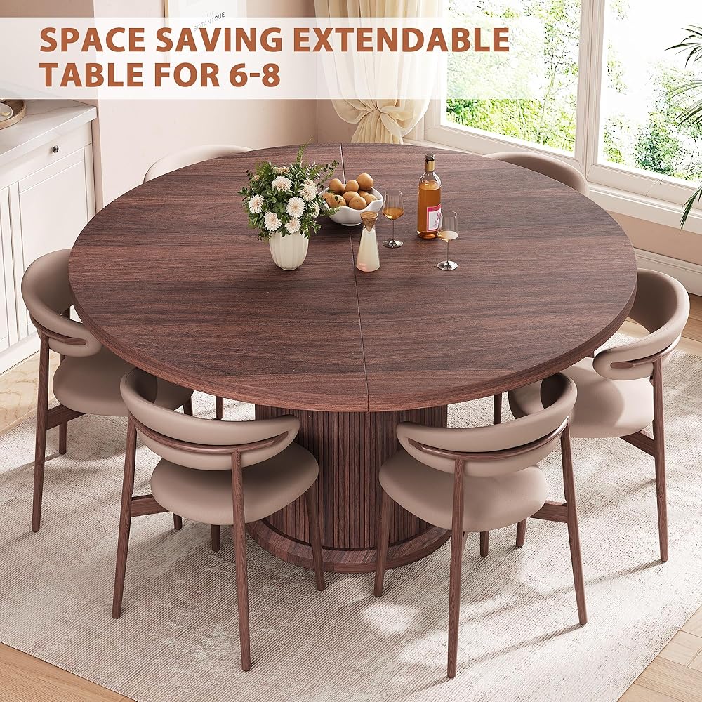 - Dining Table for 4-6,63“Extendable Round Kitchen Dining Room Table with 2-Tier Storage Shelf, Space Saving Expandable Wood Oval Circle Dinner Furniture with Pedestal Base (Brown) - Tables