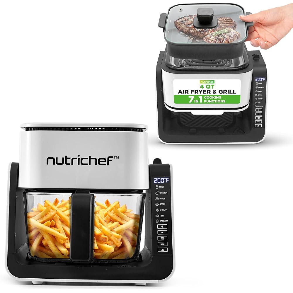 NutriChef 4 QT Air Fryer & Grill | 8-1 Preset Cook Modes | Transparent Fry Bowl for Best Cooking Results | Cook Shrimp, Steak, Fries, Wings & More | 4 QT Glass Air Fryer & 1.2 QT Grill | White : Home & Kitchen