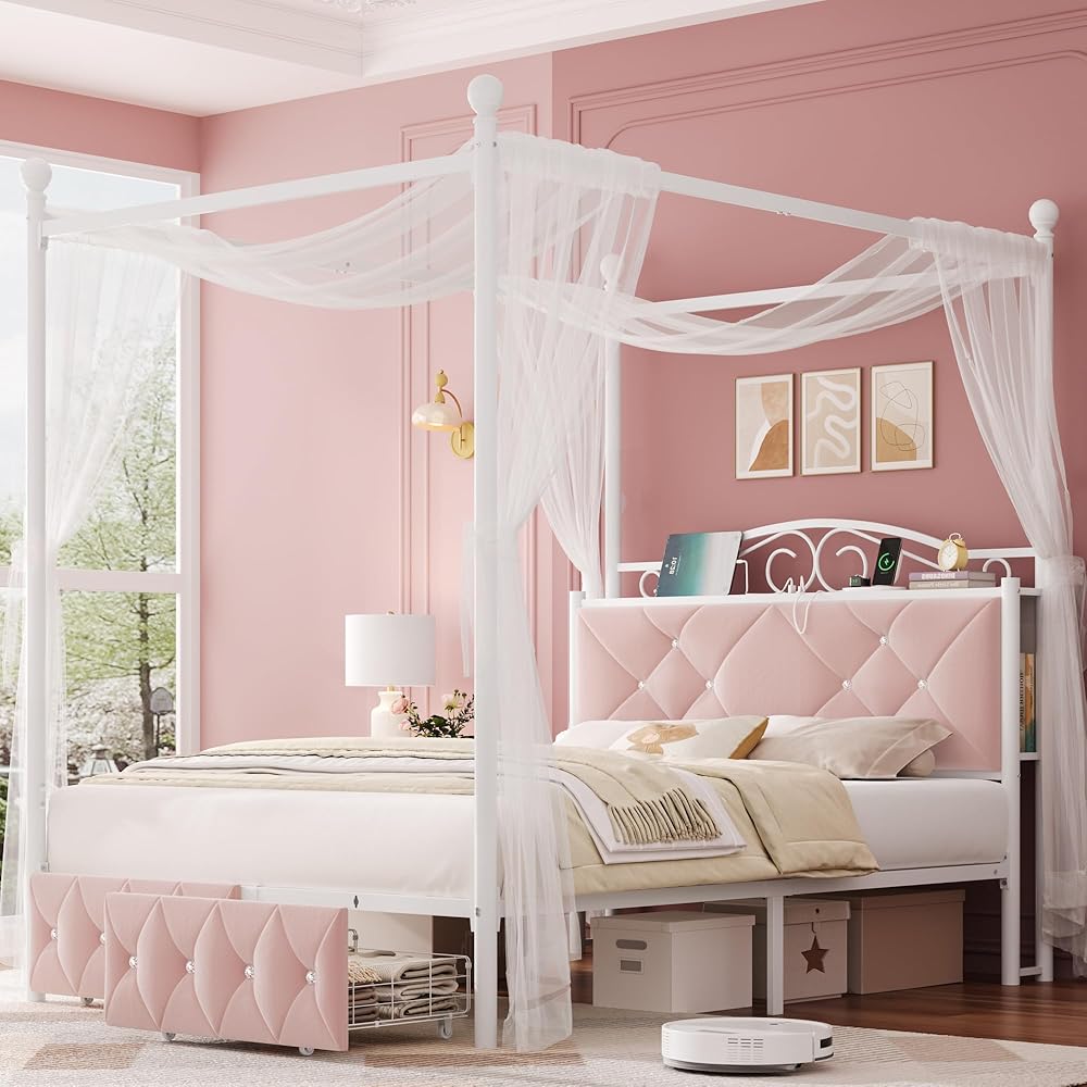 Full Upholstered Canopy Bed Frame with 2 Drawers & Crystal Tufted Storage Headboard Two-Purpose Metal Platform Bed with 4 Removable Posts & Charging Station Pink Princess Bed, Curtain Not Included : Home & Kitchen