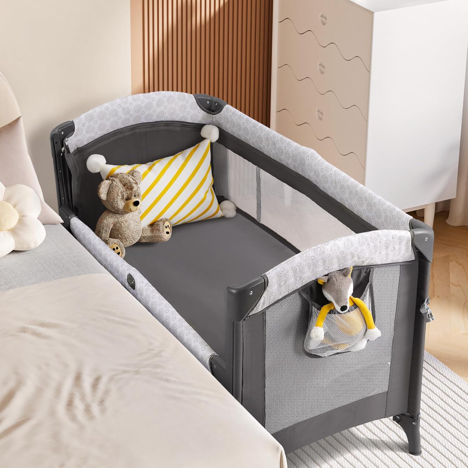 ELEMARA 3 in 1 Wide Baby Bassinet with Ajustable Side,2024 All Mesh Bedside Sleeper with Mattress,Sheet,Storage Pocket,Wheels and Trap,Playpen Travel Crib Bed with Bag : Baby