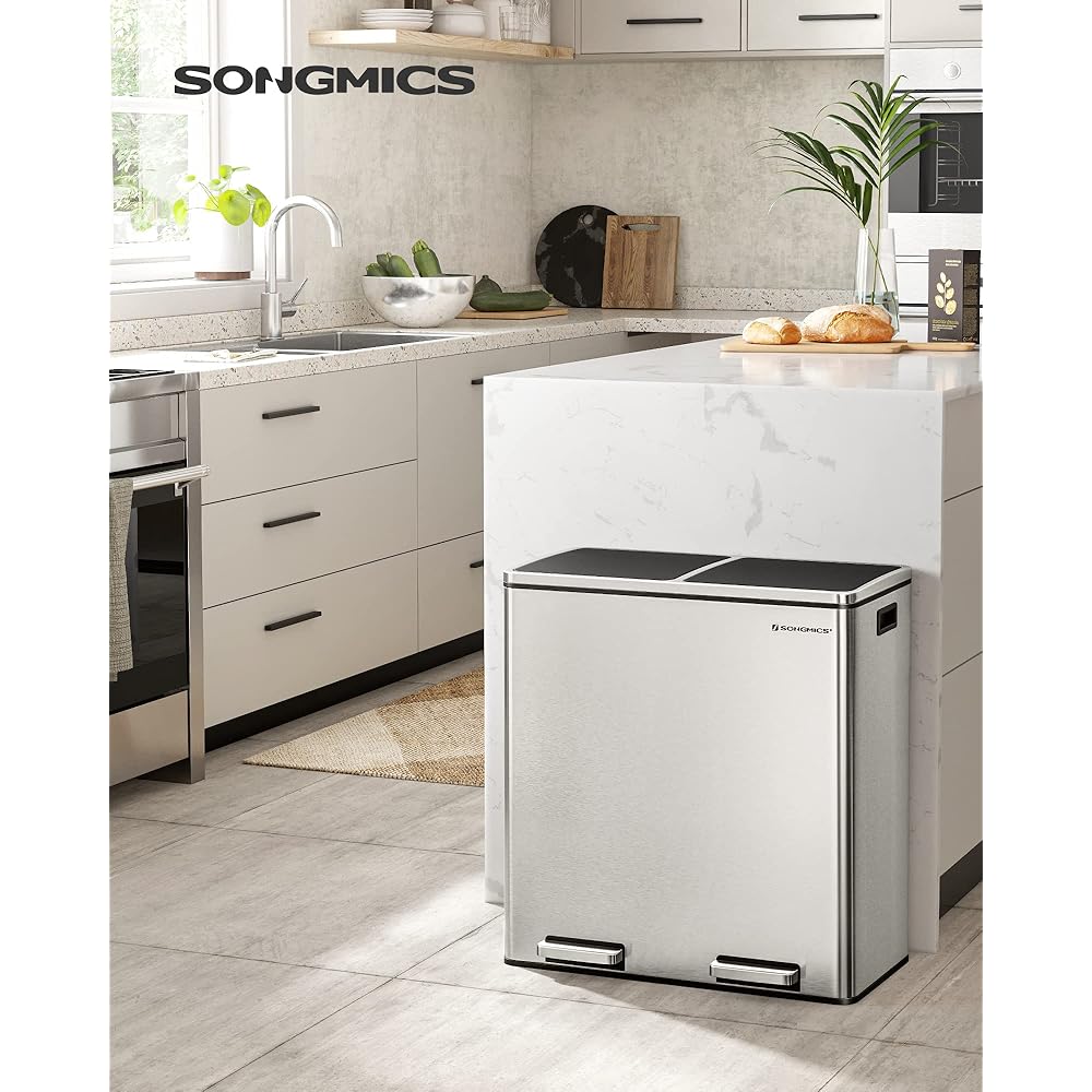 SONGMICS Trash Can, 2 x 8 Gallon (2 x 30 L) Garbage Can for Kitchen, with 15 Trash Bags, 2 Compartments, Plastic Inner Buckets and Hinged Lids, Airtight, Silver and Black ULTB60NL