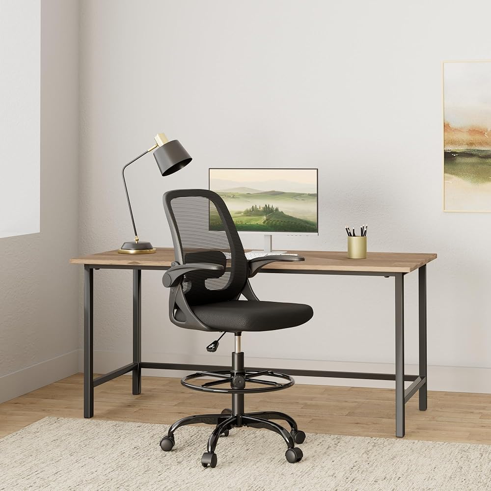 Winrise Drafting Chair Tall Office Chair Ergonomic Desk Chairs with Lumbar Support and Flip-up Armrests, Adjustable Height Comfy Computer Chair with Swivel Task and Adjustable Foot Ring(Black) : Home & Kitchen