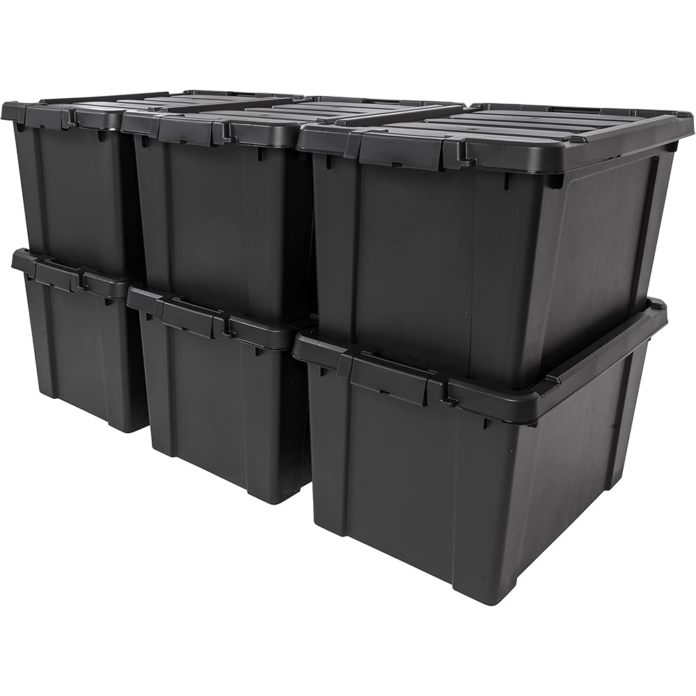 - IRIS USA 20 Gallon Lockable Storage Bins with Lids, 6 Pack - Made in USA, Heavy Duty, Stackable Containers, Garage Organizing Bins Moving Tubs, Rugged Sturdy Equipment Utility Box - Black