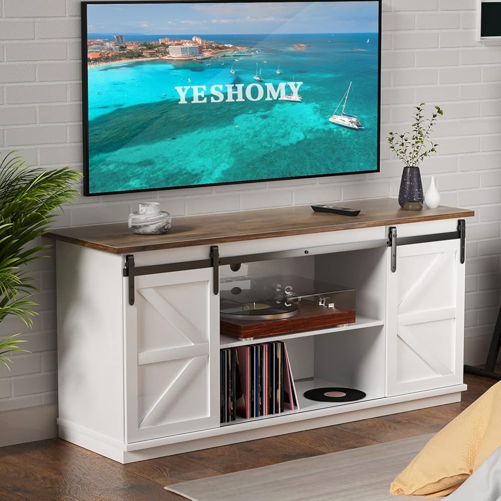 YESHOMY Farmhouse TV Stand for Televisions up to 65 Inches, Sliding Barn Doors and Storage Cabinets, Console Table and Media Furniture for Living Room, 58 Inch, Milk White : Everything Else