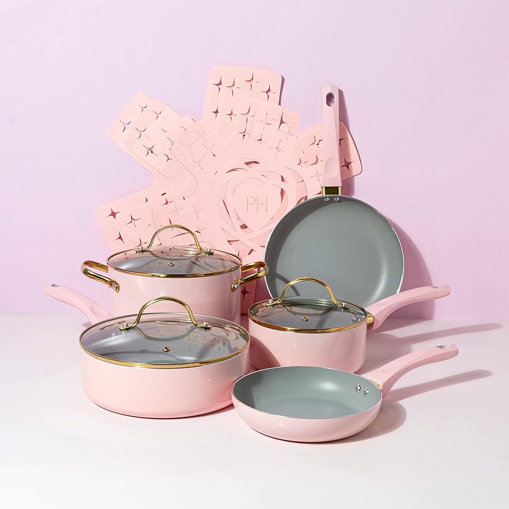 Paris Hilton Epic Nonstick Pots and Pans Set, Multi-layer Nonstick Coating, Tempered Glass Lids, Soft Touch, Stay Cool Handles, Made without PFOA, Dishwasher Safe Cookware Set, 12-Piece, Pink: Home & Kitchen
