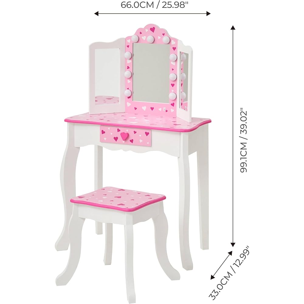 Teamson Kids Vanity Set for Girls with LED Lights, Tri-Fold Mirror, Stool & Drawer, Pretend Makeup Table for Toddlers, Heart Design, Wooden White Pink Princess Play Furniture, Ages 3+
