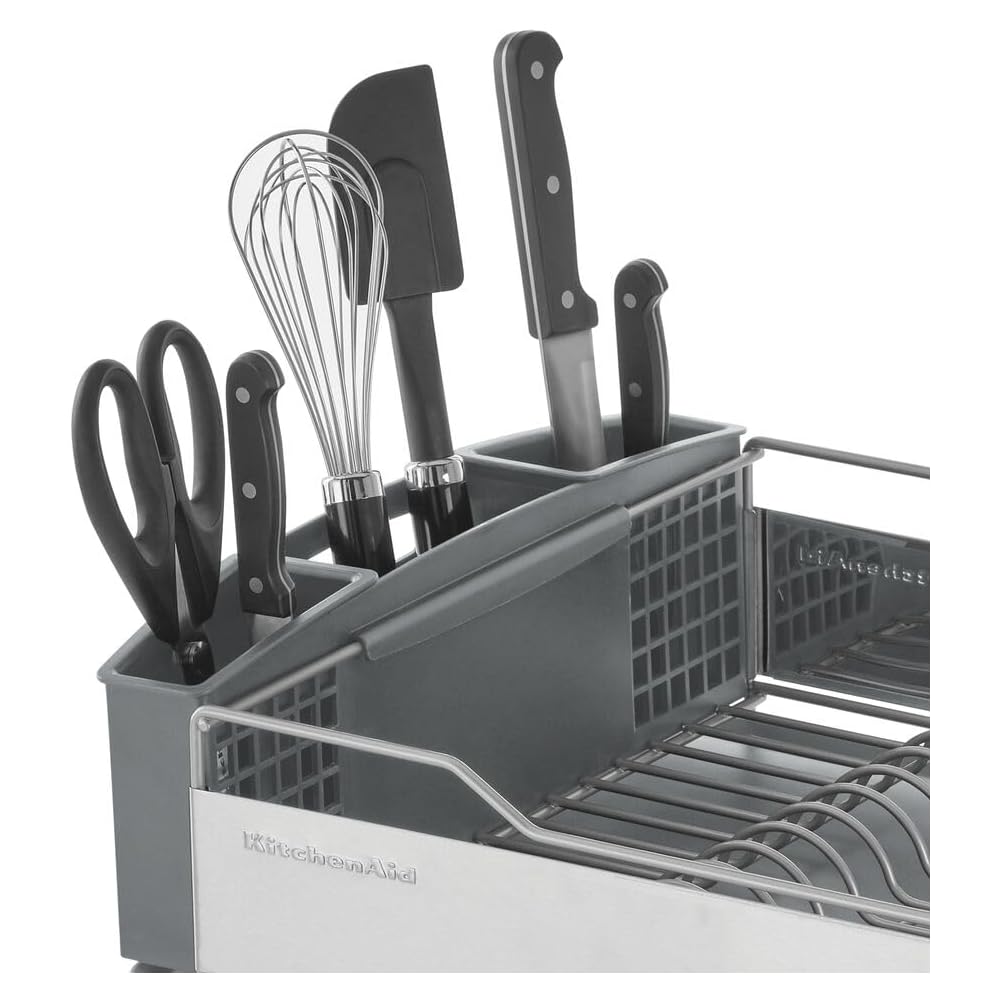 KitchenAid Large Capacity Full Size Rust Resistant Dish Rack with Angled Drain Board and Removable Flatware Caddy, Light Grey: Home & Kitchen
