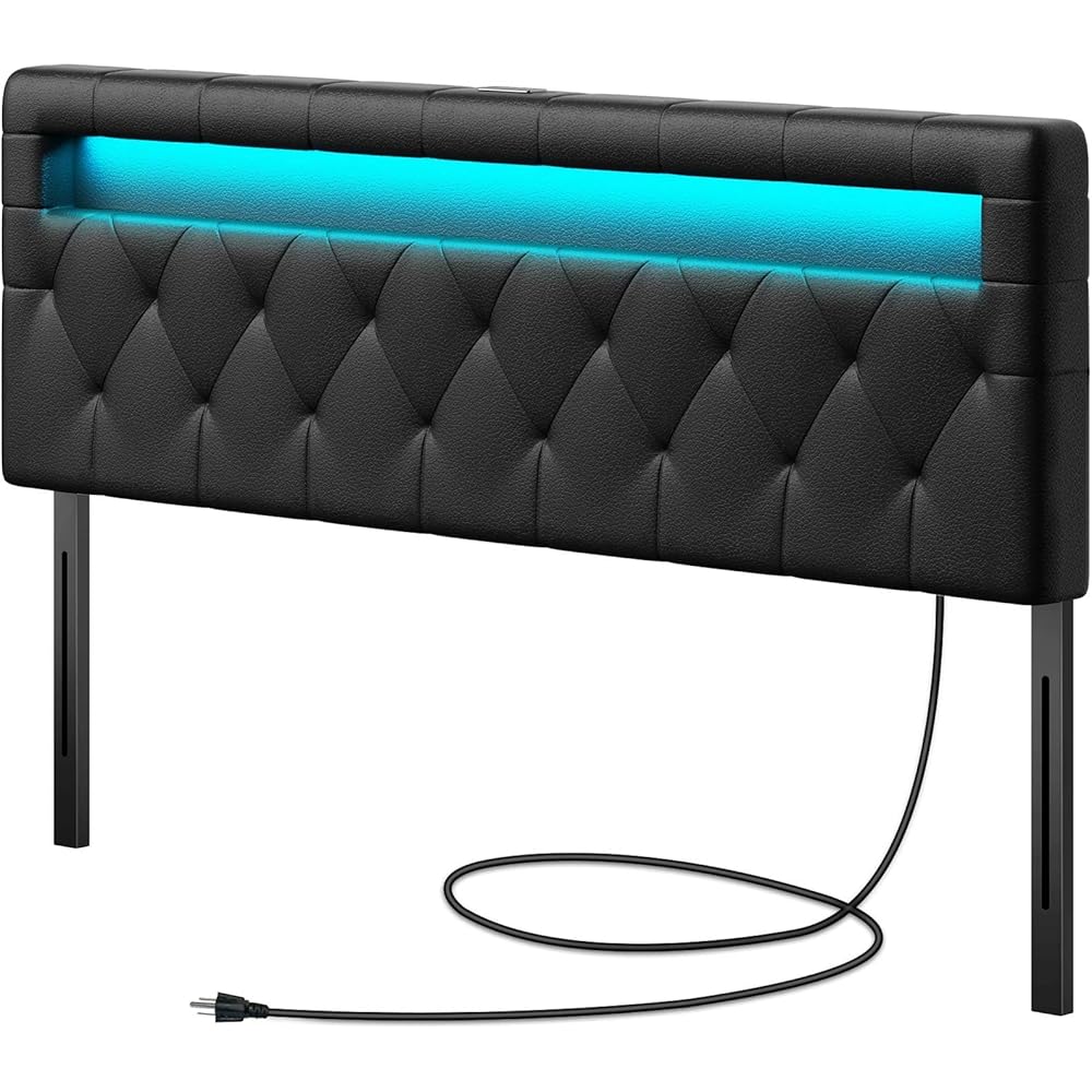 - GREENSTELL Headboard for Queen Size Bed with 60,000 DIY color of LED Light, USB & Type C Post, Attach Frame, Height Adjustable, Black Wall Mounted Head Boards Only, Sturdy & Stable, Comfortable, Queen