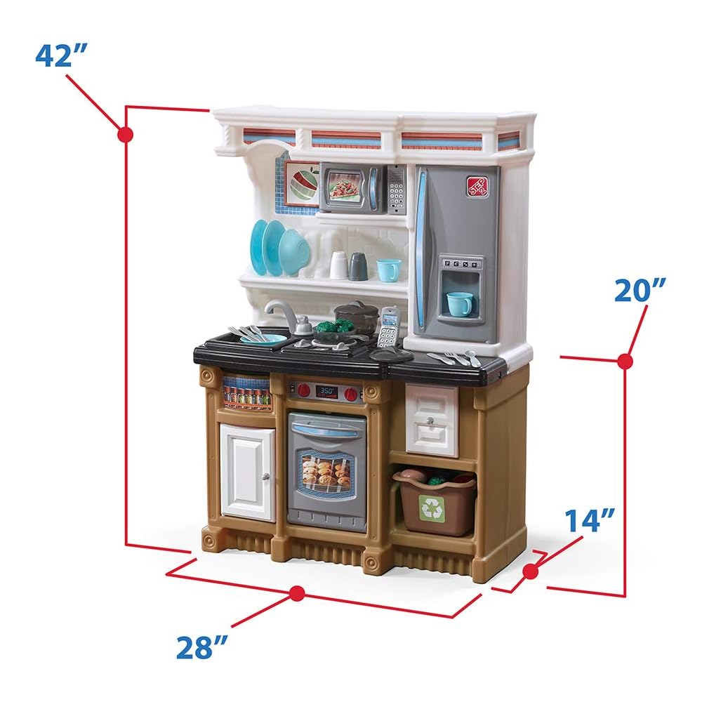 Step2 Lifestyle Custom Kids Kitchen Playset, Indoor/Outdoor Kitchenette, Interactive Play with Lights and Sounds, Made of Durable Plastic, 20 Piece Toy Accessories, Toddlers 2+ Years Old, Tan