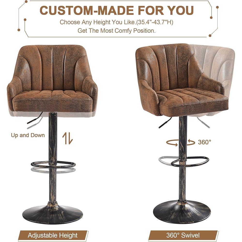 VECELO Bar Stools Set of 2, Adjustable Counter Height Barstools with Back and Arm, Swivel Bar Chair Stools for Kitchen Counter Island Cafe Dining Room, Industrial Style, Brown : Home & Kitchen