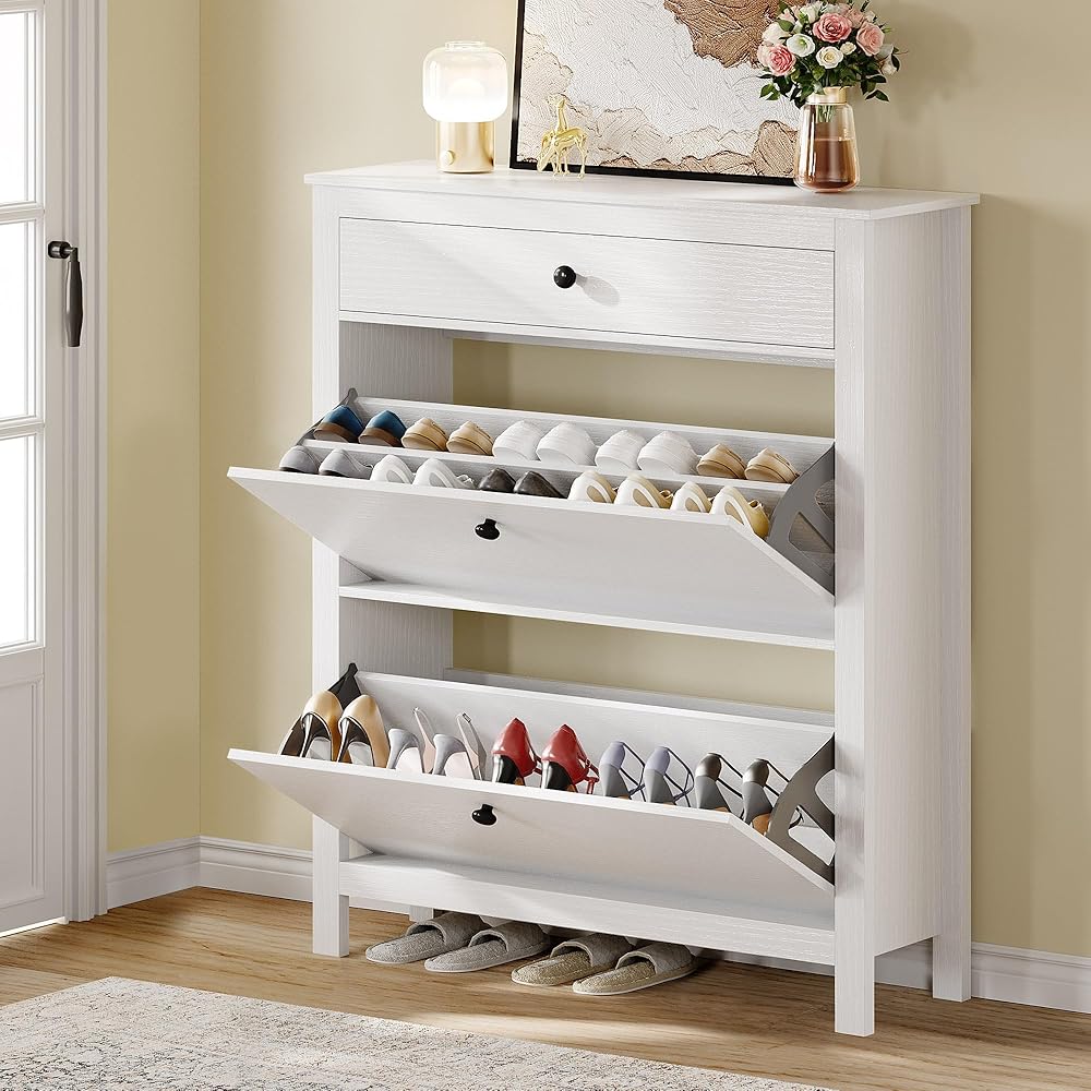 DWVO Narrow Shoe Cabinet with 2 Flip Drawer Slim White Shoe Storage Cabinet with Drawer, Adjustable or Removable Hidden Shoe Rack Free Standing Shoe Cabinet Organizer for Entryway, Hallway : Home & Kitchen
