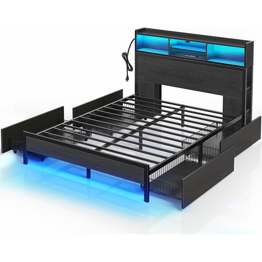 Rolanstar Full Bed Frame with Storage Headboard, Metal Platform Bed with Charging Station, LED, 4 Drawers, Bookcase Storage, No Box Spring Needed, Easy Assembly, Noise-Free, Black : Home & Kitchen