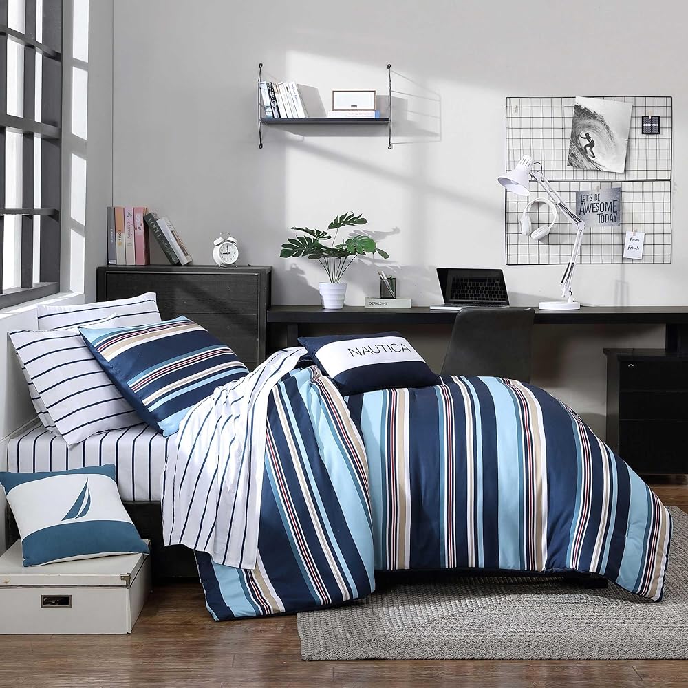 Nautica - Twin/Twin XL Comforter Set, Woven Bedding with Matching Sham & Bonus Throw Pillows, Medium Weight for Year Round Use, Dorm Essentials (Colton Blue)