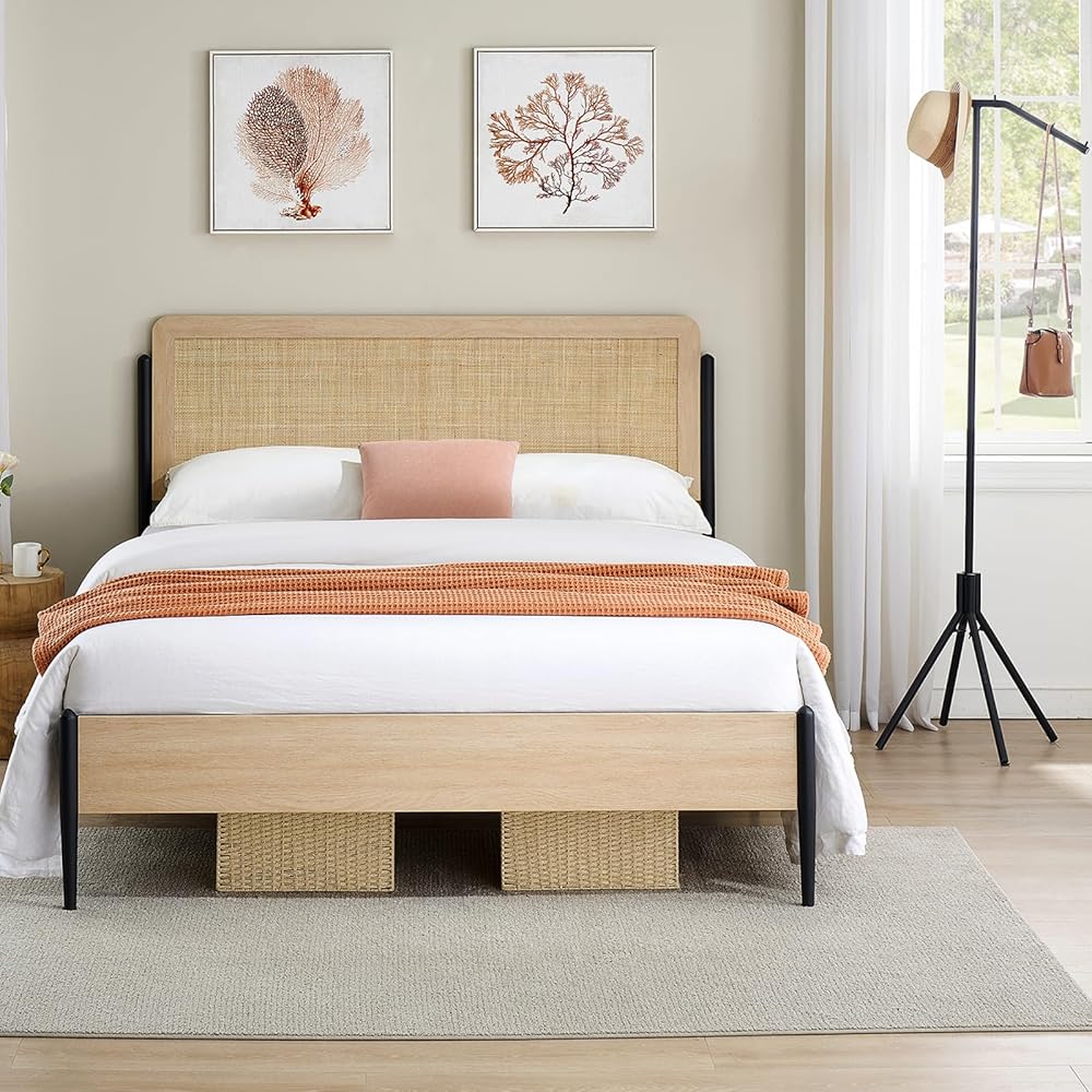 GarveeHome Full Size Boho Bed Frame with Natural Rattan Headboard & Solid Wood Footboard - Under Bed Storage Space, Quiet Noise-Free Design, No Box Spring Needed,Oak : Home & Kitchen