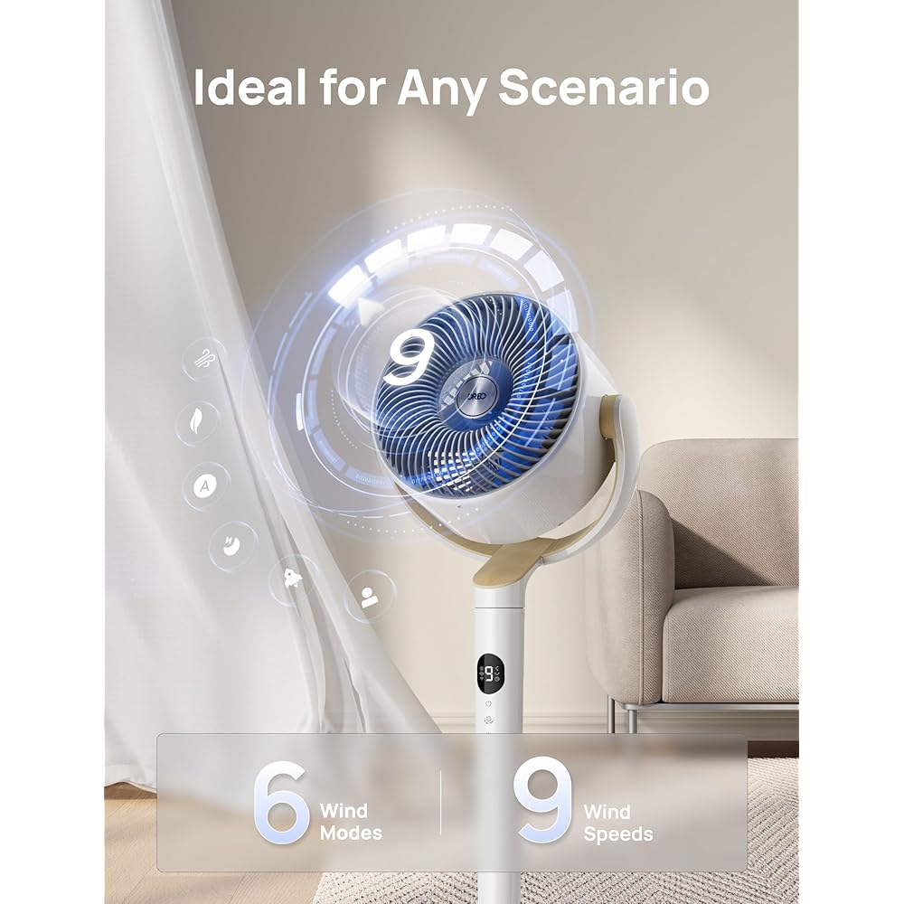Dreo Smart Fan for Bedroom, 120° +120° Omni-Directional Oscillating Fans, 90ft Quiet Pedestal Fan with RGB Light, 9 Speeds, 6 Modes, 20dB, 8H Timer, Wi-Fi/Voice/Alexa, 37-42