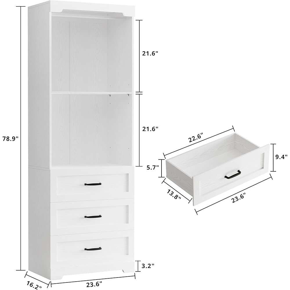 IRONCK Freestanding Closet System with 3 Wood Drawers, Modern Armoire Wardrobe with Adjustable Shelves & Hanging Rod, Walk-in Closet Systems Organizer for Small Closet, White : Home & Kitchen