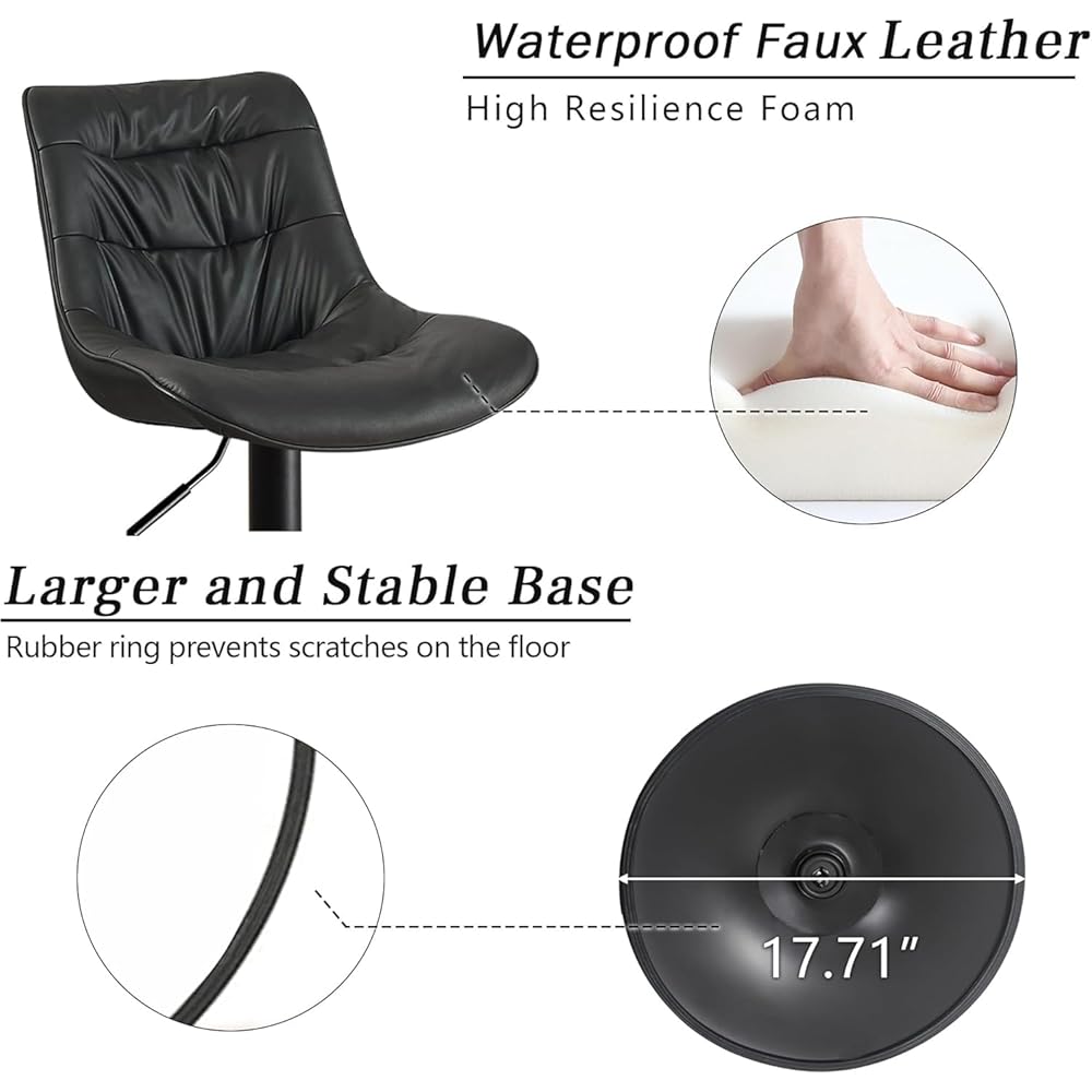 Kidol & Shellder Bar Stools Set of 2, Swivel Adjustable Counter Height Stools with Back, PU Leather Upholstered Modern Bar Chairs for Kitchen Island (Black) : Home & Kitchen